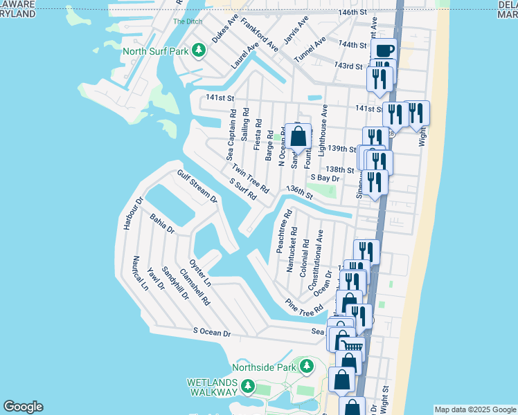 map of restaurants, bars, coffee shops, grocery stores, and more near 13517 Holly Lane in Ocean City