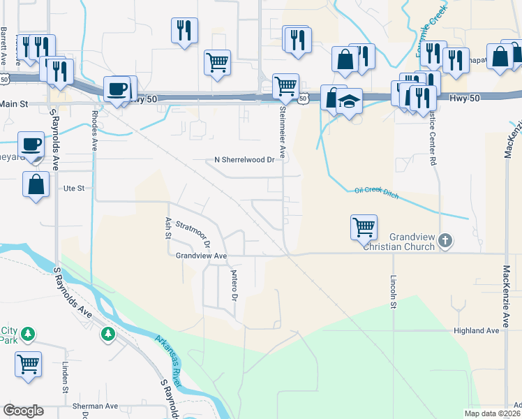 map of restaurants, bars, coffee shops, grocery stores, and more near 3036 North Cranberry Loop in Cañon City