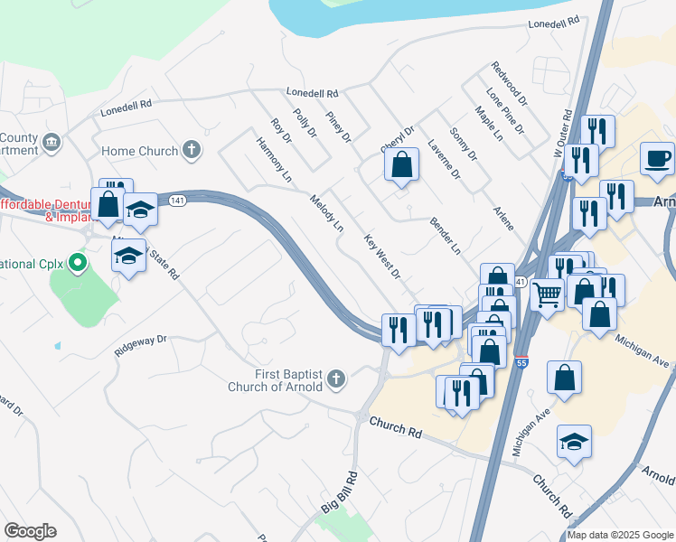 map of restaurants, bars, coffee shops, grocery stores, and more near 1908 Casa Drive in Arnold