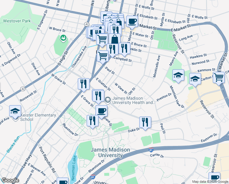 map of restaurants, bars, coffee shops, grocery stores, and more near 222 East Grattan Street in Harrisonburg