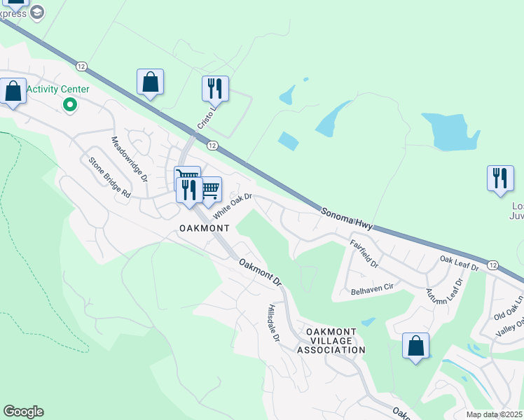 map of restaurants, bars, coffee shops, grocery stores, and more near 4 Valley Green Street in Santa Rosa