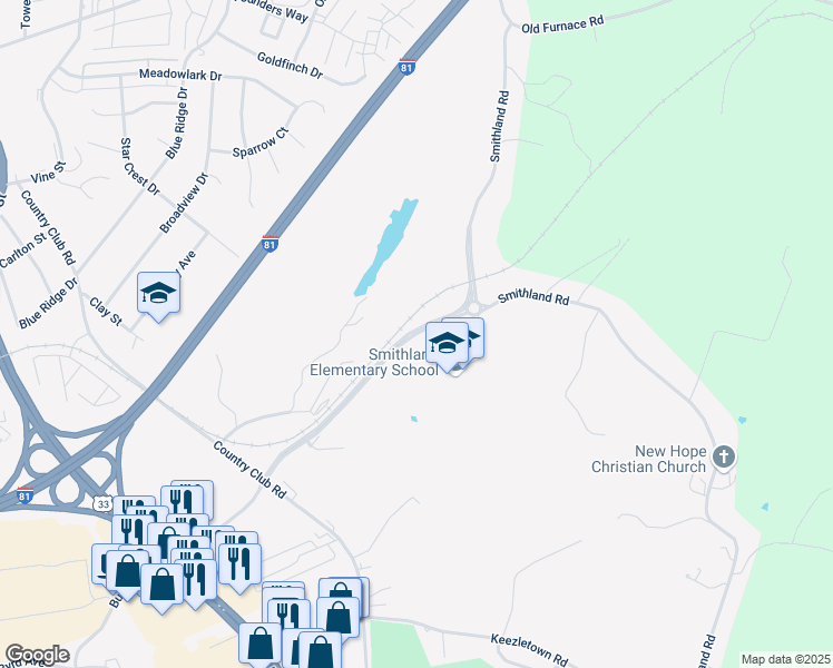 map of restaurants, bars, coffee shops, grocery stores, and more near 476 Linda Lane in Harrisonburg