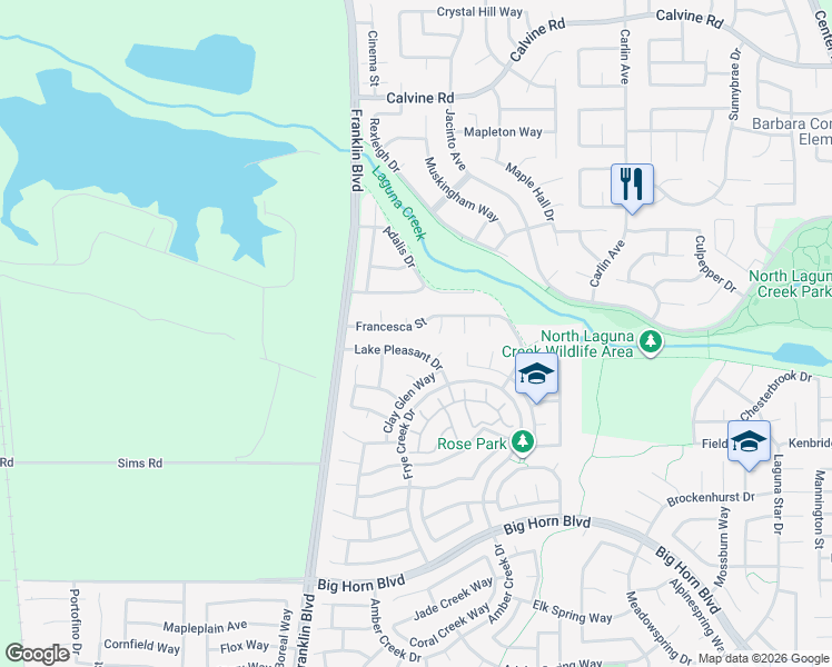 map of restaurants, bars, coffee shops, grocery stores, and more near 5280 Francesca Street in Elk Grove