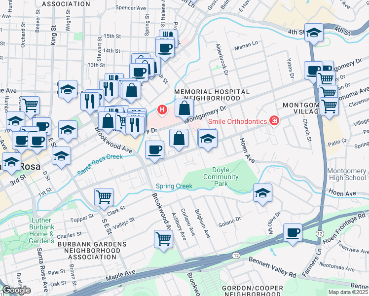 map of restaurants, bars, coffee shops, grocery stores, and more near 1111 Sonoma Avenue in Santa Rosa