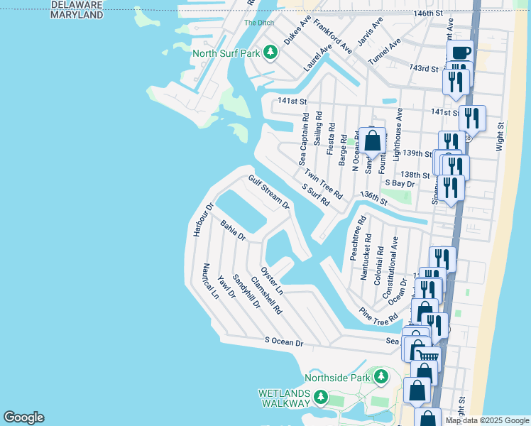 map of restaurants, bars, coffee shops, grocery stores, and more near 113 Assateague Court in Ocean City