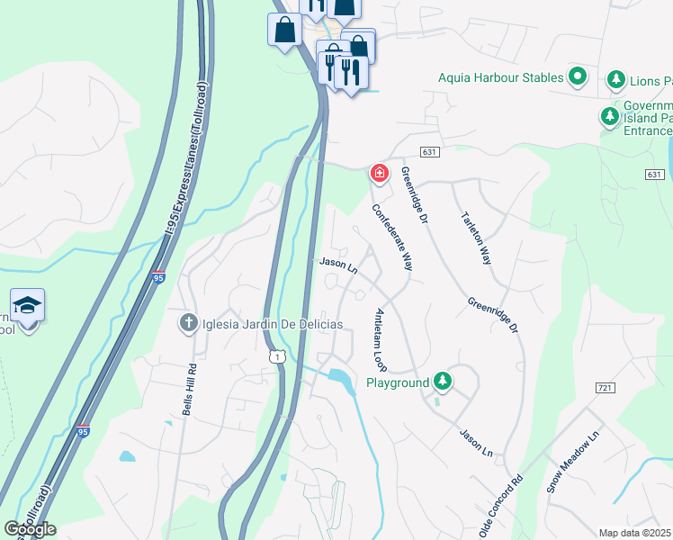 map of restaurants, bars, coffee shops, grocery stores, and more near 202 Torbert Loop in Stafford