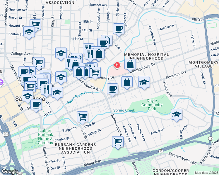 map of restaurants, bars, coffee shops, grocery stores, and more near 53 Montgomery Drive in Santa Rosa