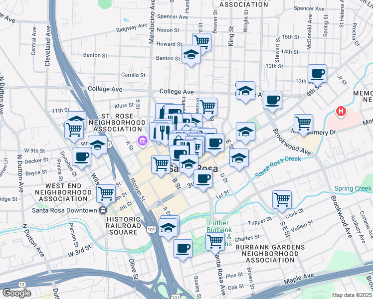 map of restaurants, bars, coffee shops, grocery stores, and more near 462 Mendocino Avenue in Santa Rosa