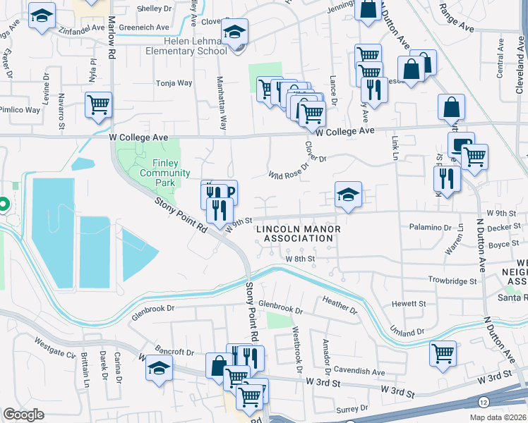 map of restaurants, bars, coffee shops, grocery stores, and more near 726 Agnew Place in Santa Rosa
