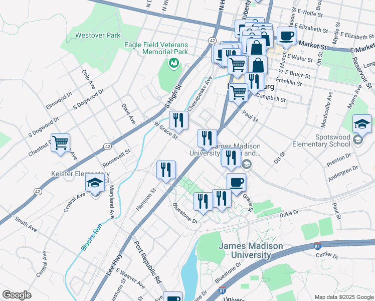 map of restaurants, bars, coffee shops, grocery stores, and more near 10 West Grace Street in Harrisonburg