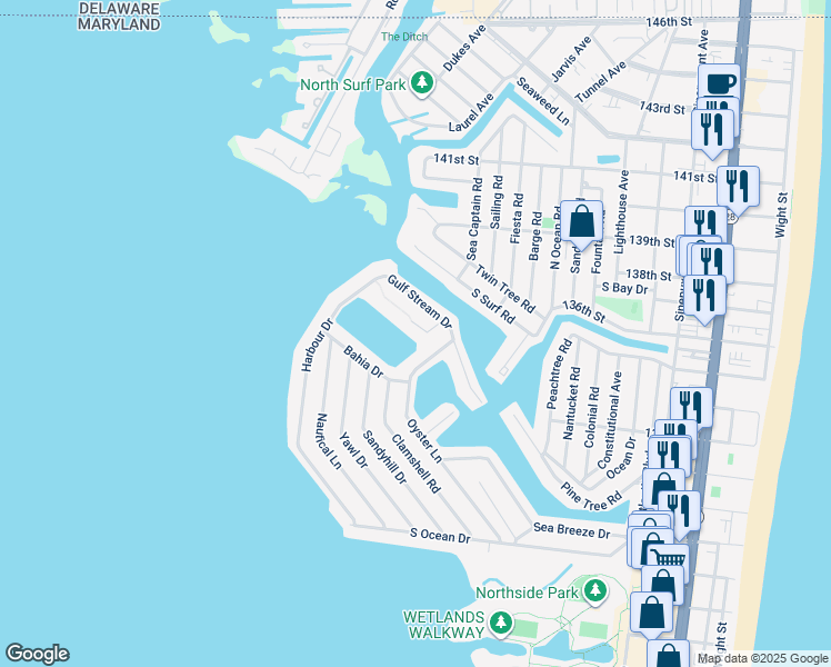 map of restaurants, bars, coffee shops, grocery stores, and more near 113 Assateague Court in Ocean City