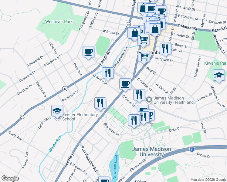 map of restaurants, bars, coffee shops, grocery stores, and more near 800 South Main Street in Harrisonburg