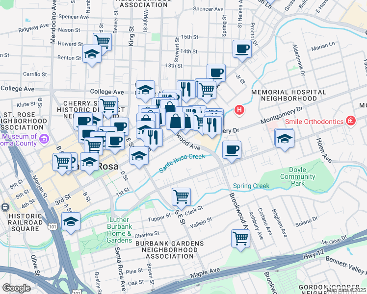 map of restaurants, bars, coffee shops, grocery stores, and more near 101 Brookwood Avenue in Santa Rosa
