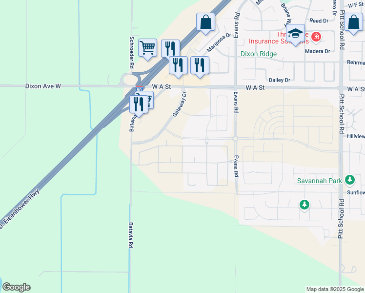 map of restaurants, bars, coffee shops, grocery stores, and more near 7827 George Lane in Dixon