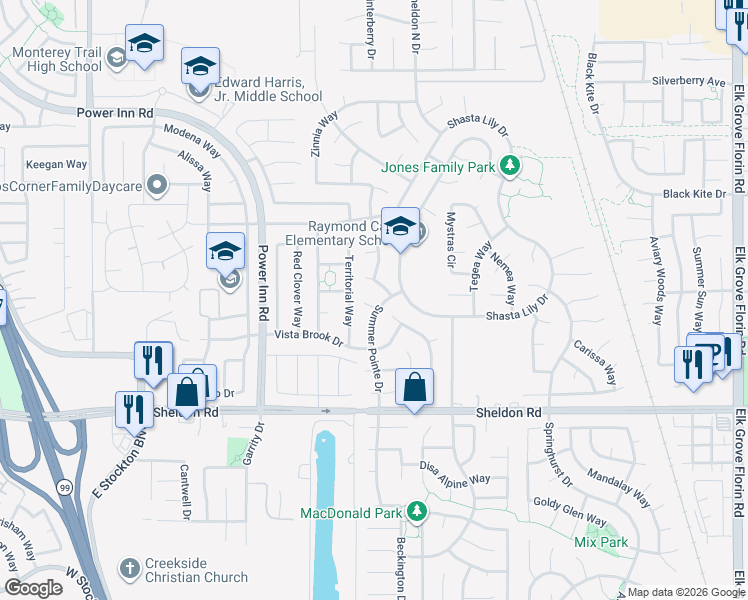 map of restaurants, bars, coffee shops, grocery stores, and more near 8555 Summit Brook Court in Elk Grove