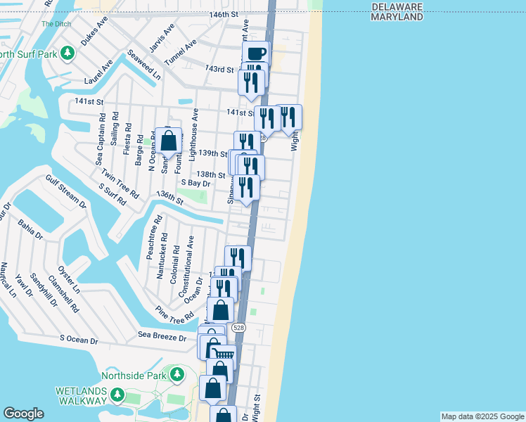 map of restaurants, bars, coffee shops, grocery stores, and more near 14 136th Street in Ocean City