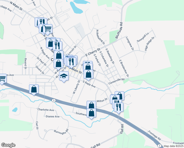 map of restaurants, bars, coffee shops, grocery stores, and more near 145 East Madison Street in Columbia