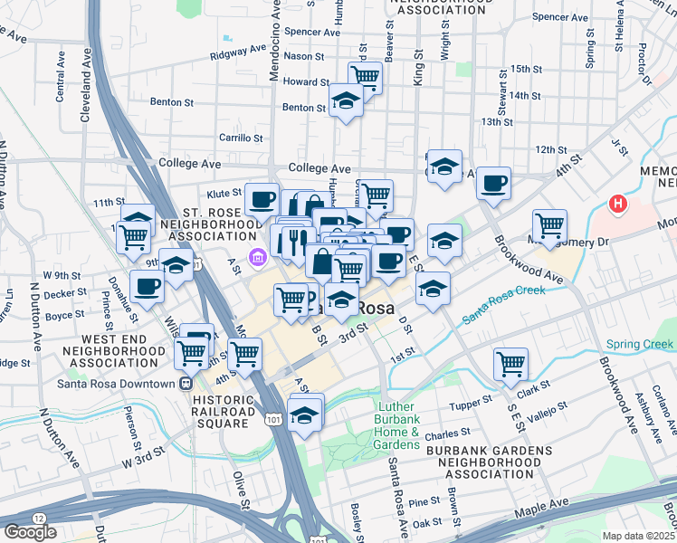 map of restaurants, bars, coffee shops, grocery stores, and more near 420 Mendocino Avenue in Santa Rosa