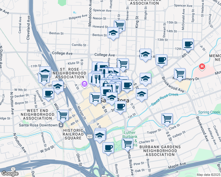 map of restaurants, bars, coffee shops, grocery stores, and more near 420 Mendocino Avenue in Santa Rosa