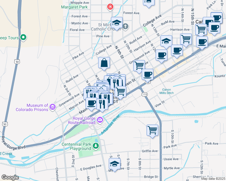 map of restaurants, bars, coffee shops, grocery stores, and more near 631 Main Street in Cañon City