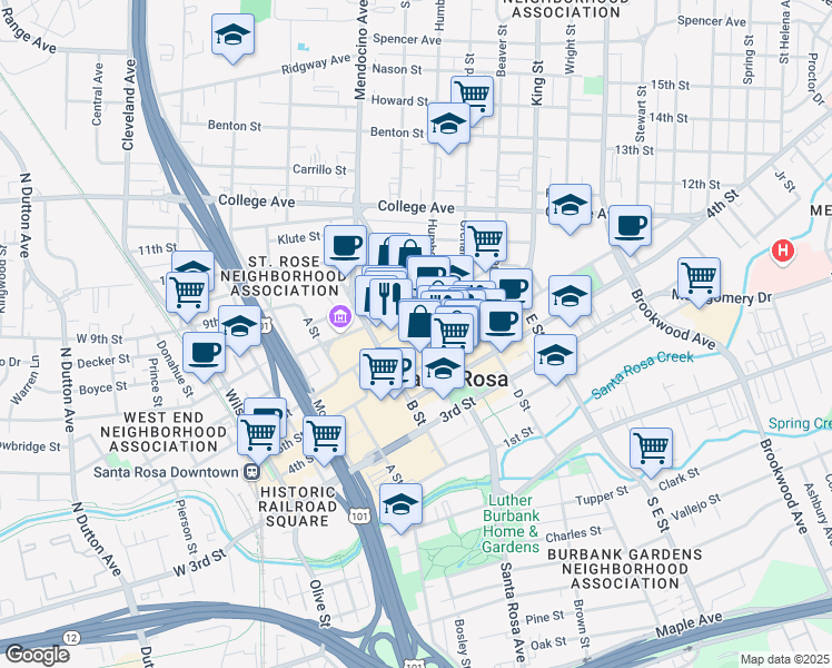 map of restaurants, bars, coffee shops, grocery stores, and more near 462 Mendocino Avenue in Santa Rosa
