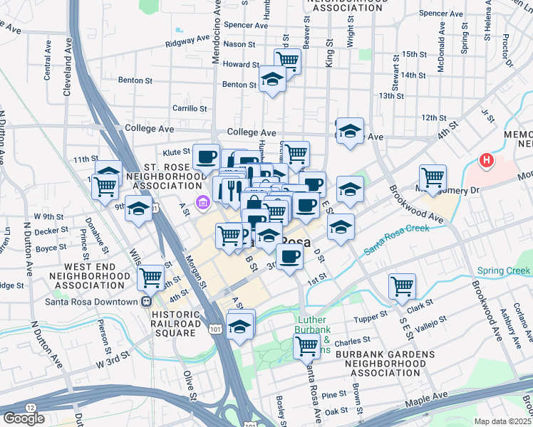 map of restaurants, bars, coffee shops, grocery stores, and more near 462 Mendocino Avenue in Santa Rosa