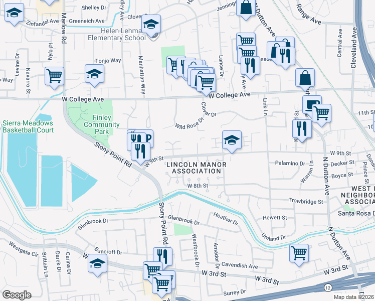map of restaurants, bars, coffee shops, grocery stores, and more near 721 Blair Place in Santa Rosa