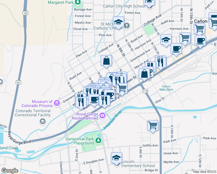 map of restaurants, bars, coffee shops, grocery stores, and more near 602 Macon Avenue in Cañon City