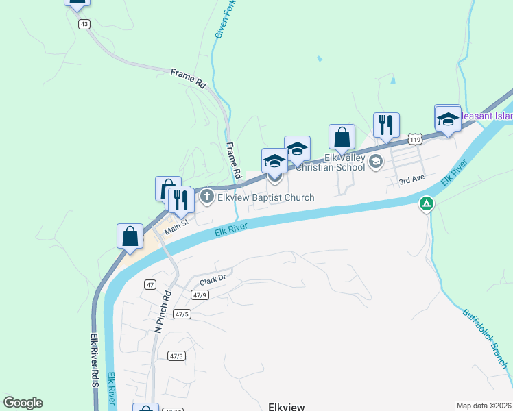 map of restaurants, bars, coffee shops, grocery stores, and more near 291 Reynolds Avenue in Elkview