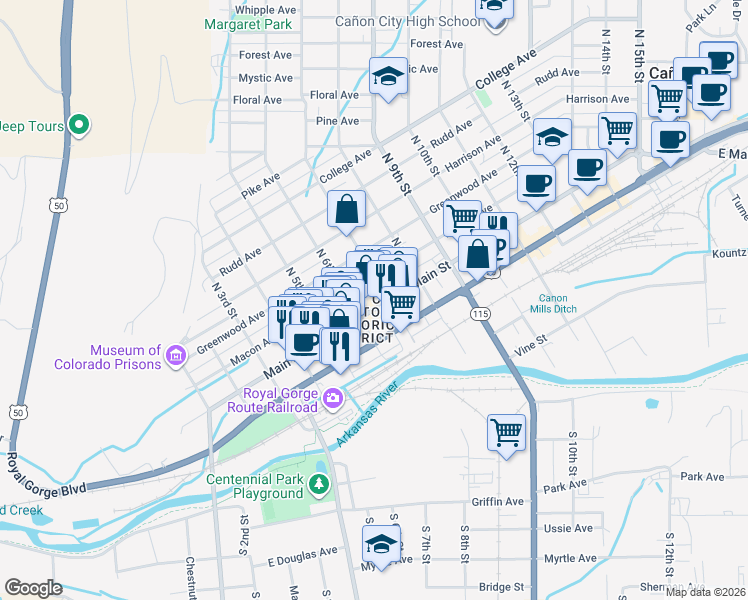 map of restaurants, bars, coffee shops, grocery stores, and more near 631 Main Street in Cañon City