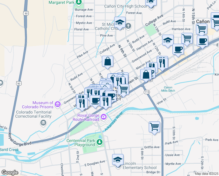 map of restaurants, bars, coffee shops, grocery stores, and more near 602 Macon Avenue in Cañon City