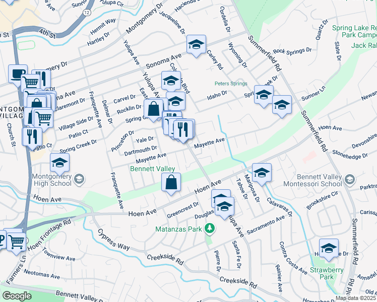 map of restaurants, bars, coffee shops, grocery stores, and more near 3900 Mayette Avenue in Santa Rosa