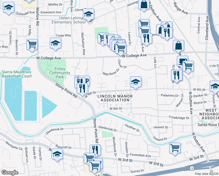 map of restaurants, bars, coffee shops, grocery stores, and more near 721 Blair Place in Santa Rosa