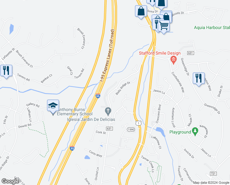 map of restaurants, bars, coffee shops, grocery stores, and more near 29 Bells Ridge Drive in Stafford