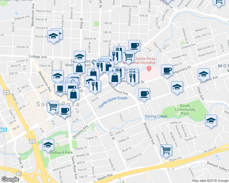 map of restaurants, bars, coffee shops, grocery stores, and more near 101 Brookwood Avenue in Santa Rosa