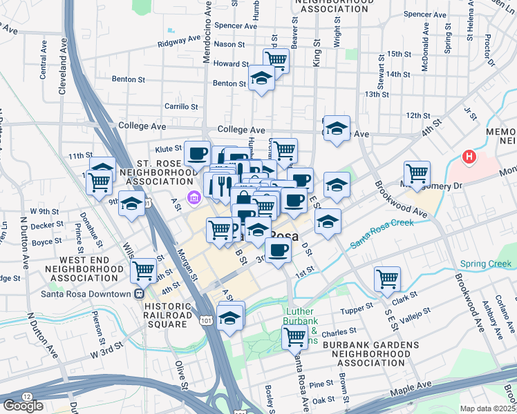 map of restaurants, bars, coffee shops, grocery stores, and more near 462 Mendocino Avenue in Santa Rosa