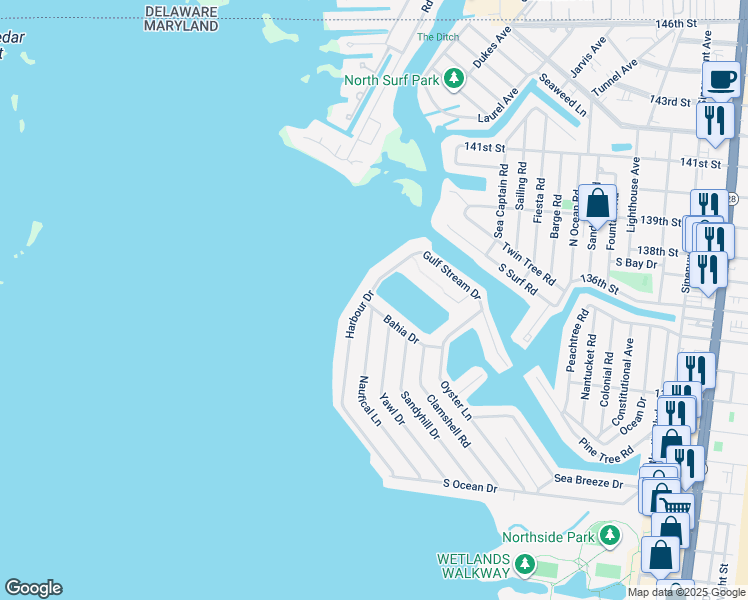 map of restaurants, bars, coffee shops, grocery stores, and more near 822 Bahia Drive in Ocean City