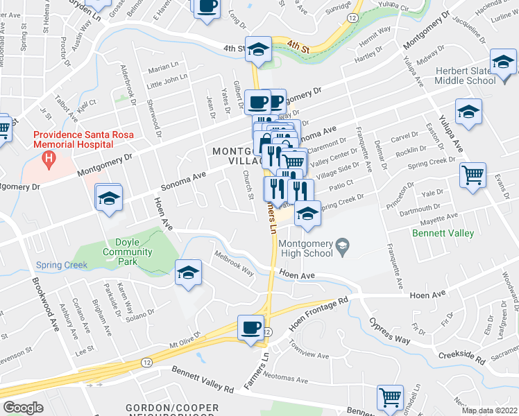 map of restaurants, bars, coffee shops, grocery stores, and more near 724 Church Street in Santa Rosa