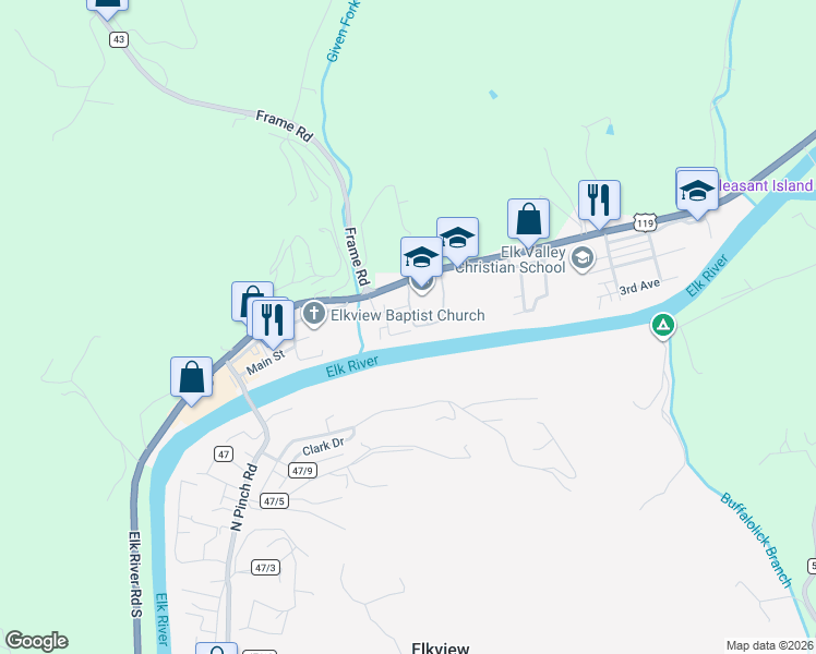map of restaurants, bars, coffee shops, grocery stores, and more near 291 Reynolds Avenue in Elkview