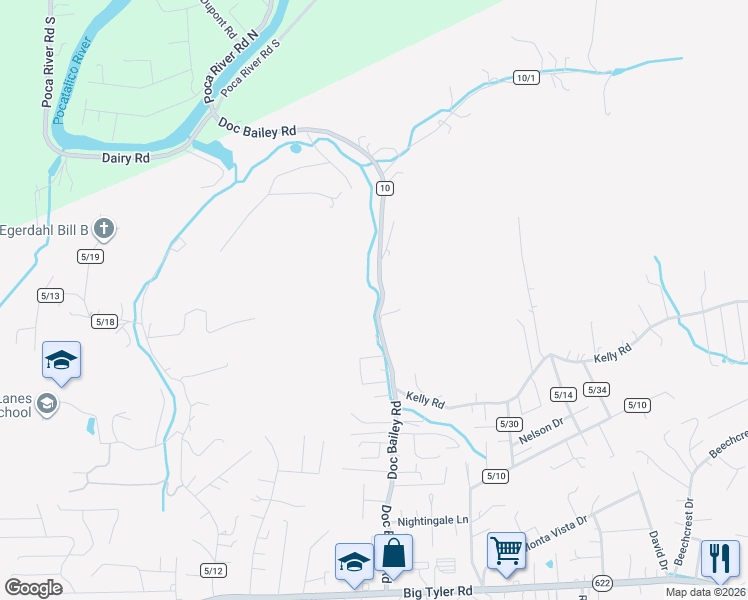 map of restaurants, bars, coffee shops, grocery stores, and more near 5300-5338 Doc Bailey Road in Cross Lanes