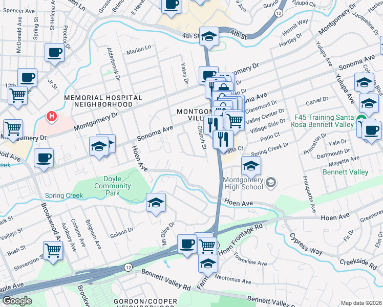 map of restaurants, bars, coffee shops, grocery stores, and more near 2021 Spring Creek Drive in Santa Rosa