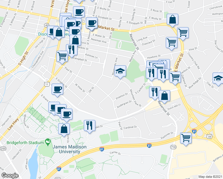 map of restaurants, bars, coffee shops, grocery stores, and more near 475 Myers Avenue in Harrisonburg