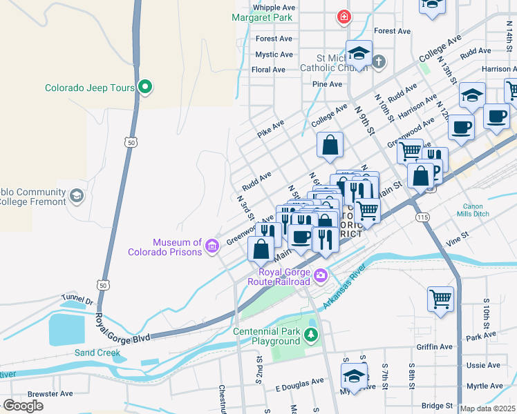 map of restaurants, bars, coffee shops, grocery stores, and more near 316 Harrison Avenue in Cañon City