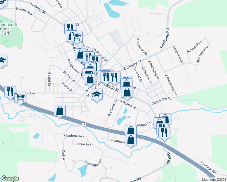 map of restaurants, bars, coffee shops, grocery stores, and more near 205 South Main Street in Columbia