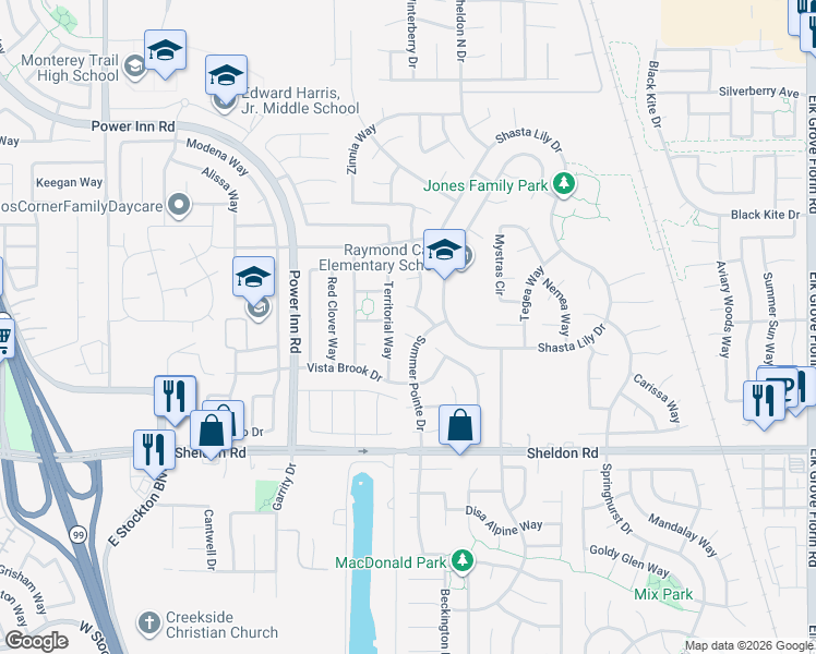 map of restaurants, bars, coffee shops, grocery stores, and more near 8555 Summit Brook Court in Elk Grove
