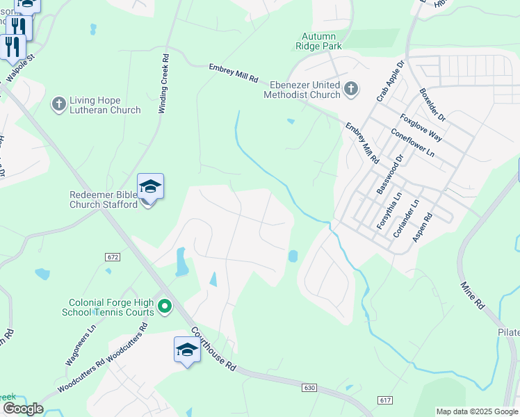 map of restaurants, bars, coffee shops, grocery stores, and more near 5 Cupola Lane in Stafford