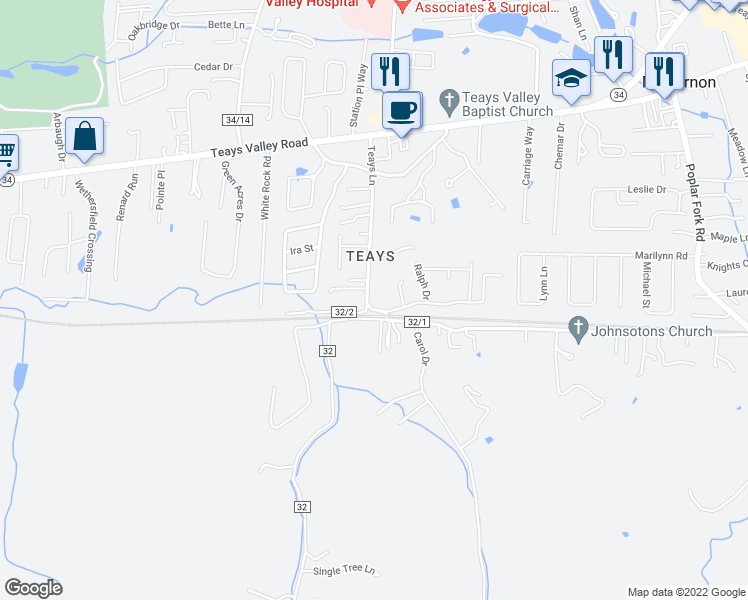 map of restaurants, bars, coffee shops, grocery stores, and more near 385 Teays Lane in Hurricane