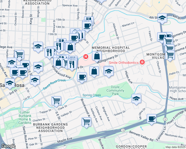 map of restaurants, bars, coffee shops, grocery stores, and more near 1111 Sonoma Avenue in Santa Rosa