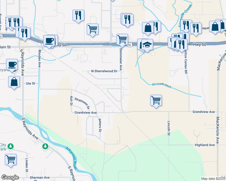 map of restaurants, bars, coffee shops, grocery stores, and more near 3036 North Cranberry Loop in Cañon City