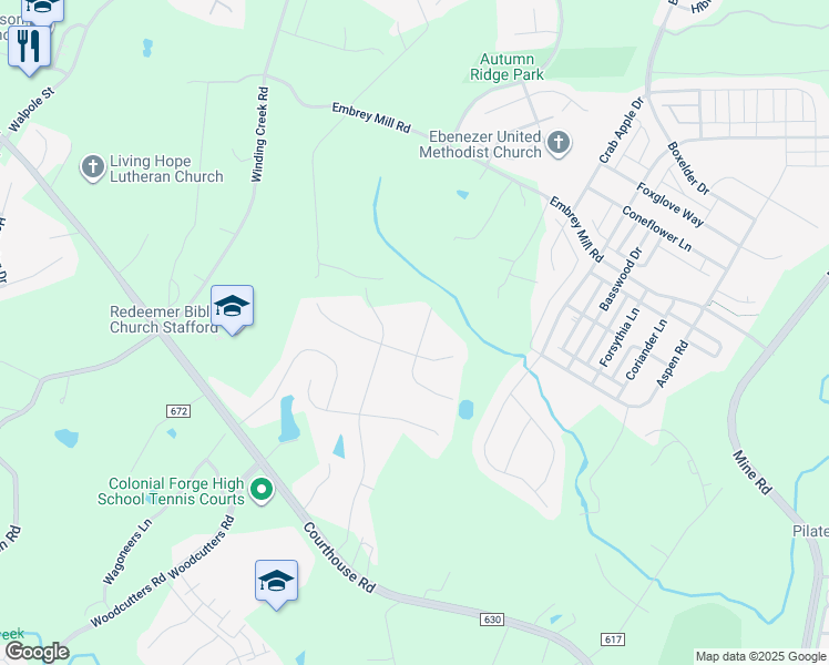 map of restaurants, bars, coffee shops, grocery stores, and more near 5 Cupola Lane in Stafford